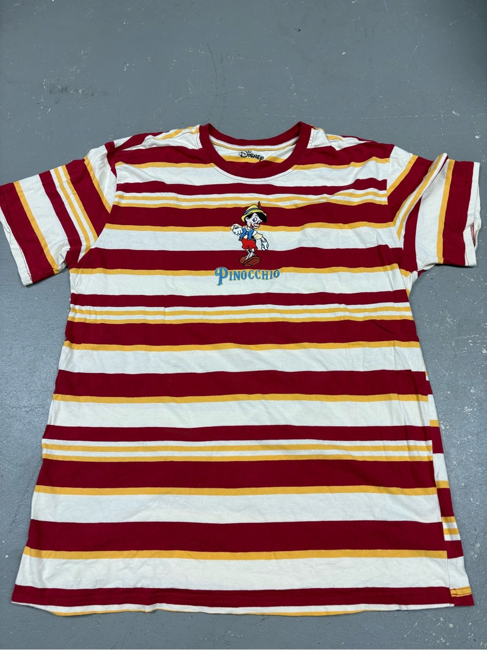 Disney Pinocchio Embroidered Striped T-Shirt Red, Yellow, White Mens Large